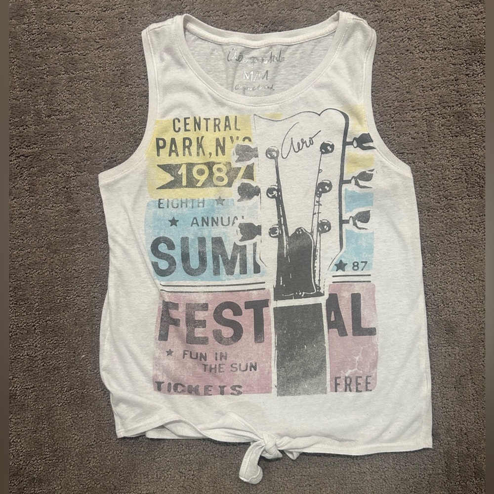 Aeropostale White Graphic Tank Top | Size M | Tie Front Festival Y2K Muscle Tee